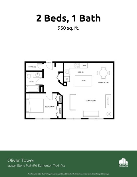 Floor plan for 2 beds, 1 bath, 850 sqft